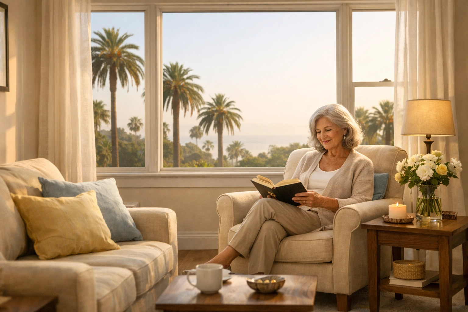 Senior woman relaxing in comfortable independent living apartment with natural light