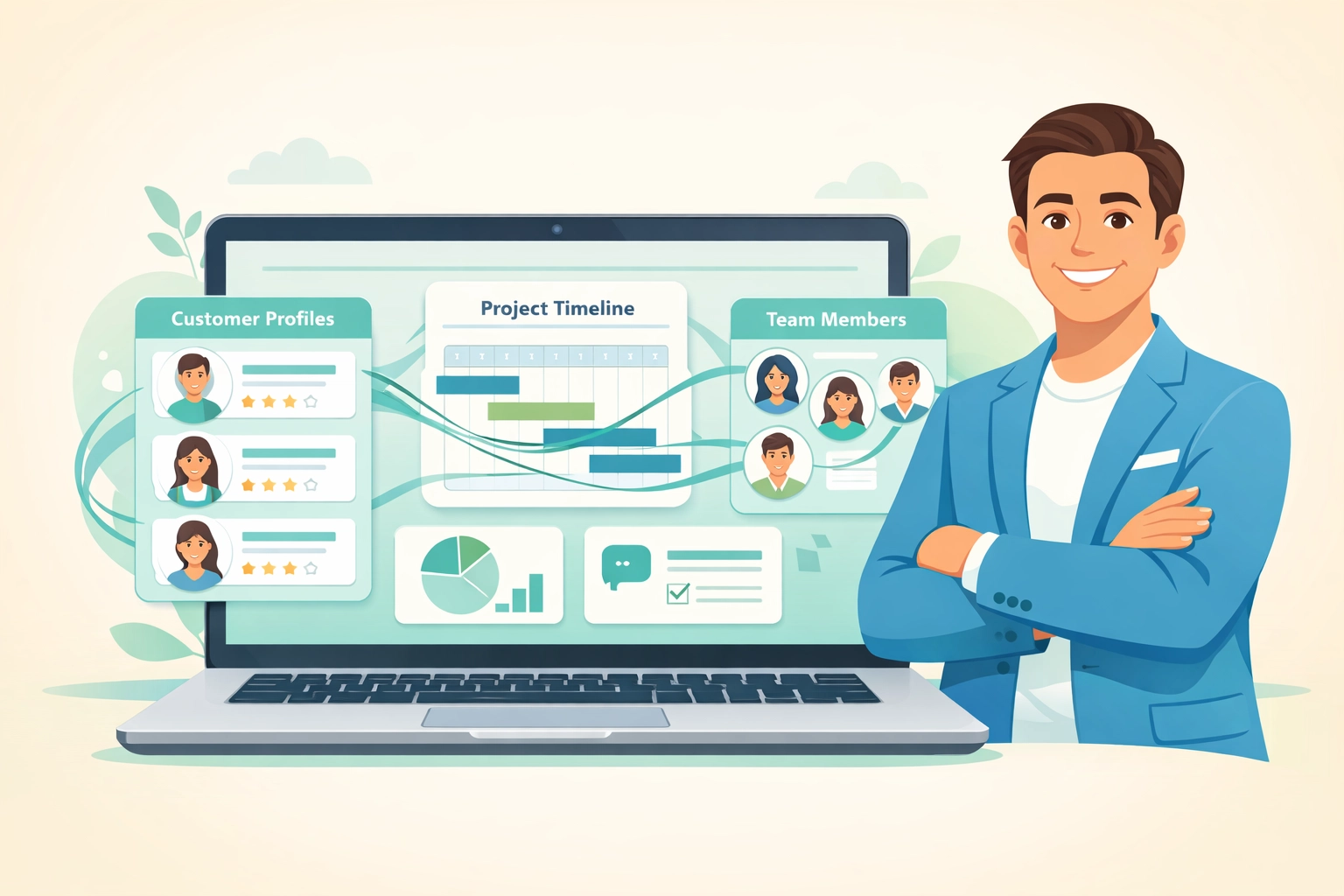 Unified business management dashboard showing integrated HR, CRM, and project data