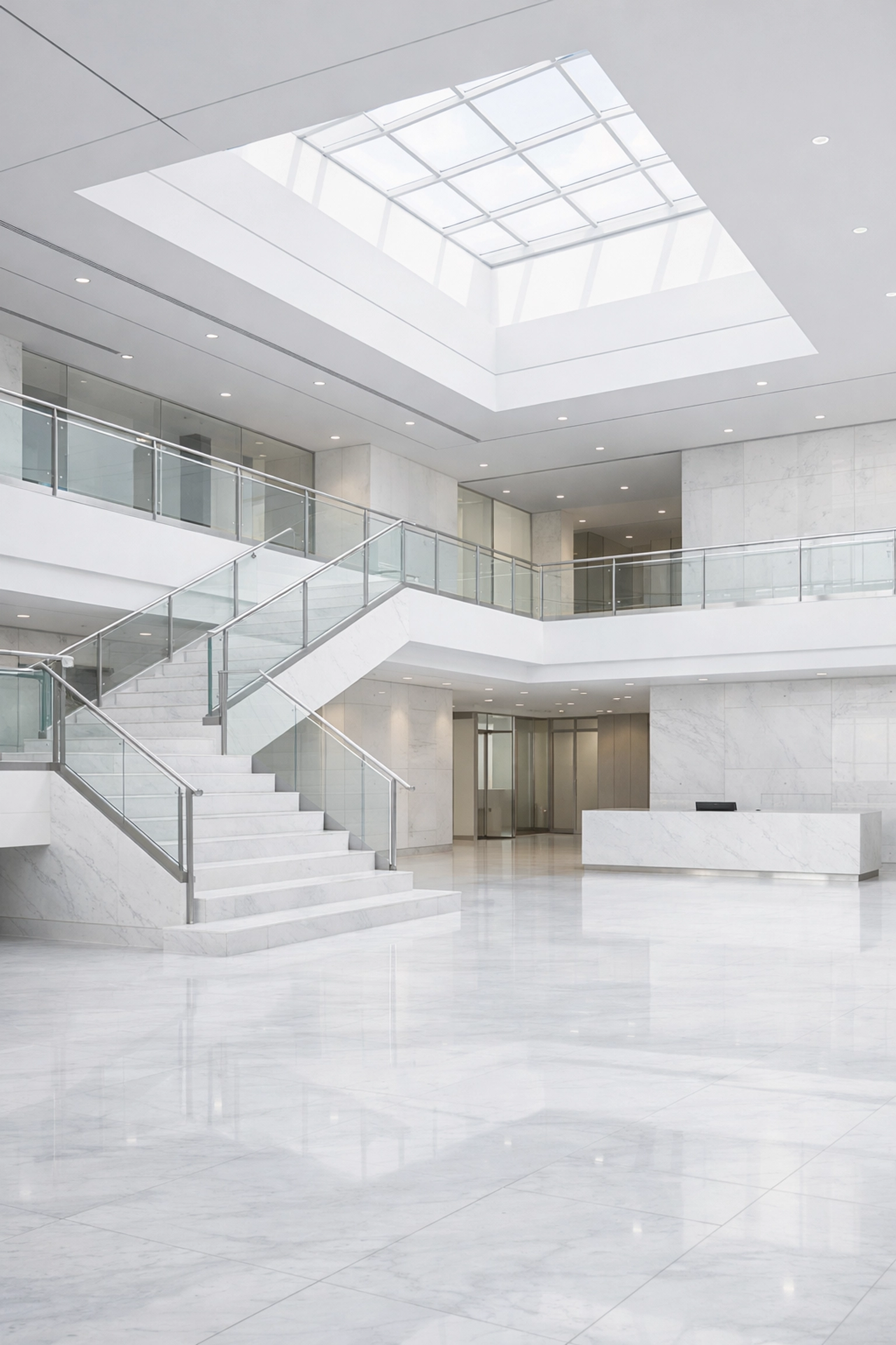 Clean white marble lobby in a Detroit commercial building showing high janitorial standards.