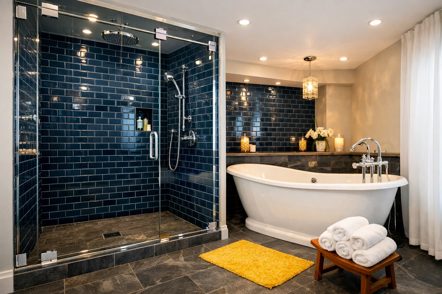 Sanitized luxury bathroom in North Cambridge with spotless tiles to prevent moisture damage.