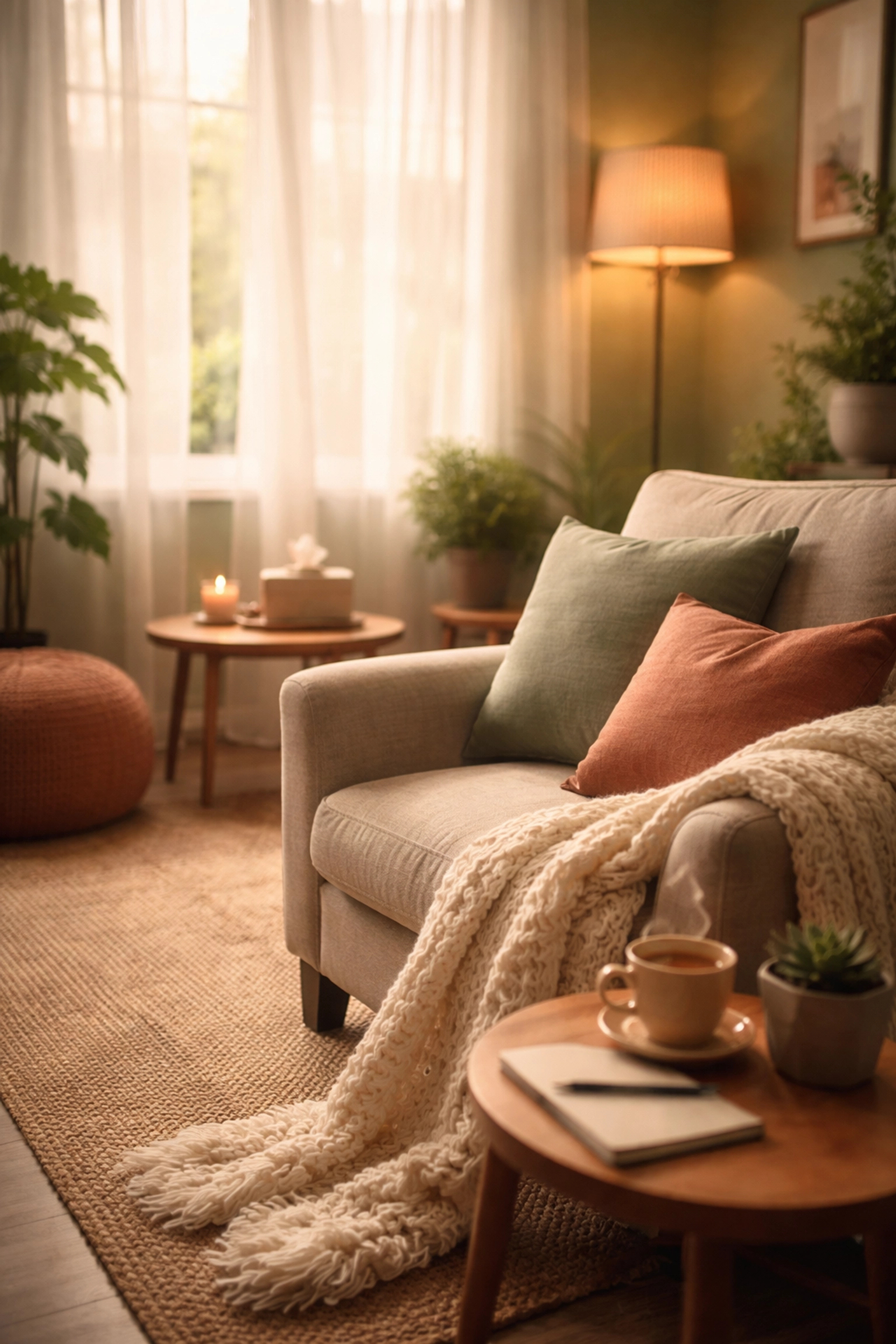 A cozy therapy office with warm lighting and comfortable seating, highlighting a safe trans friendly therapist environment.