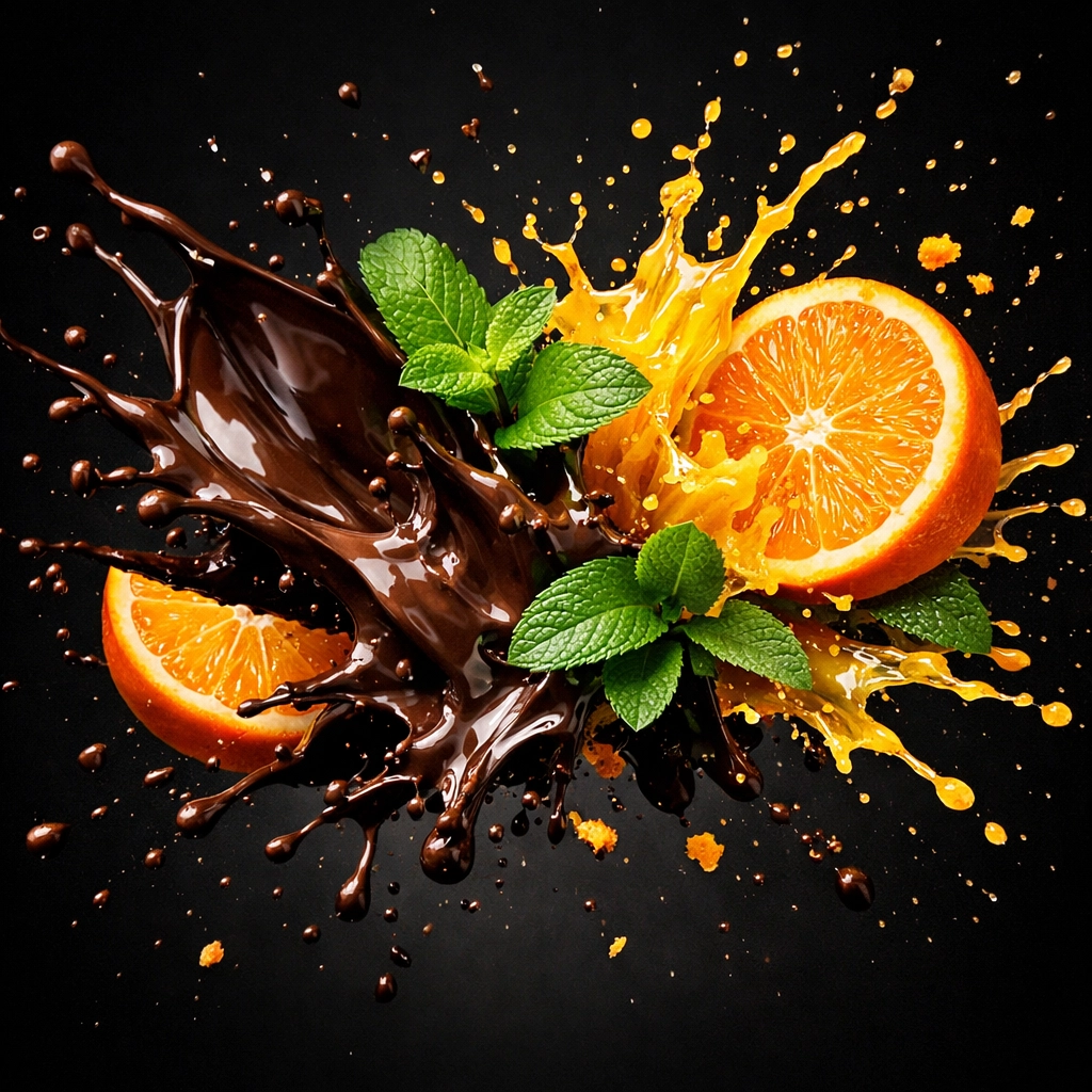 Artistic splash of chocolate and orange representing the fun of weird flavored condoms for couples.