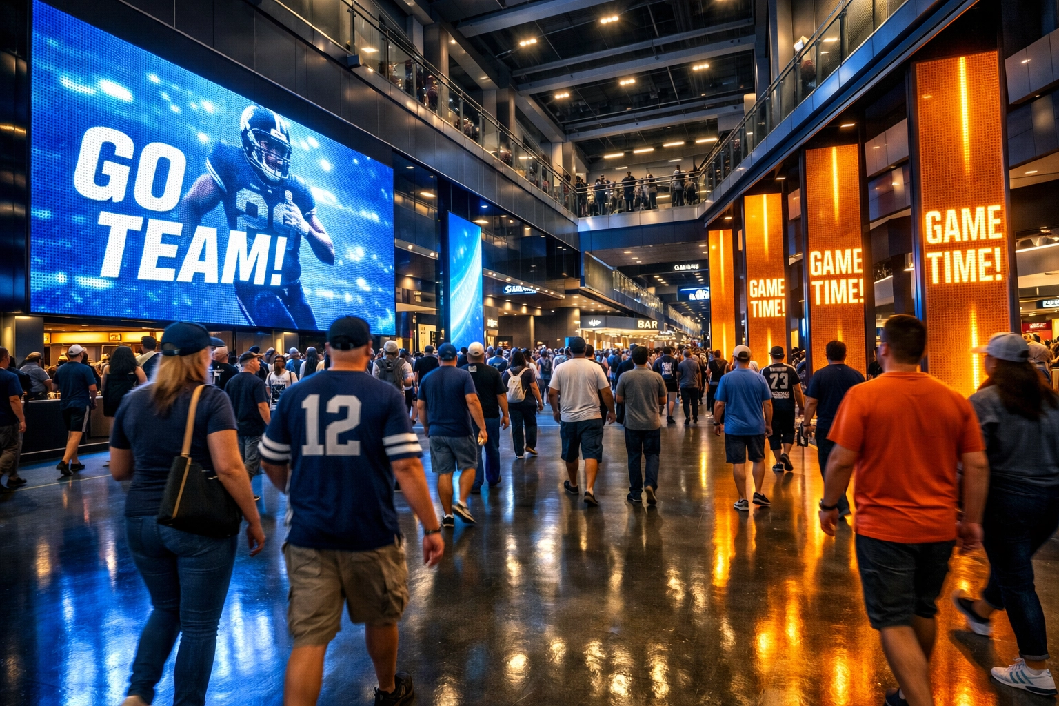 Immersive digital LED screens in a stadium concourse for Super Bowl 2026 OOH branding.