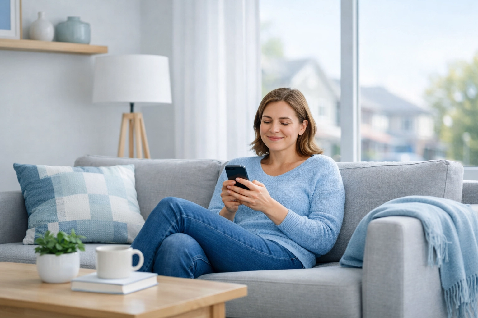 Relieved person in a bright living room using a smartphone to apply for an instant loan in Canada.