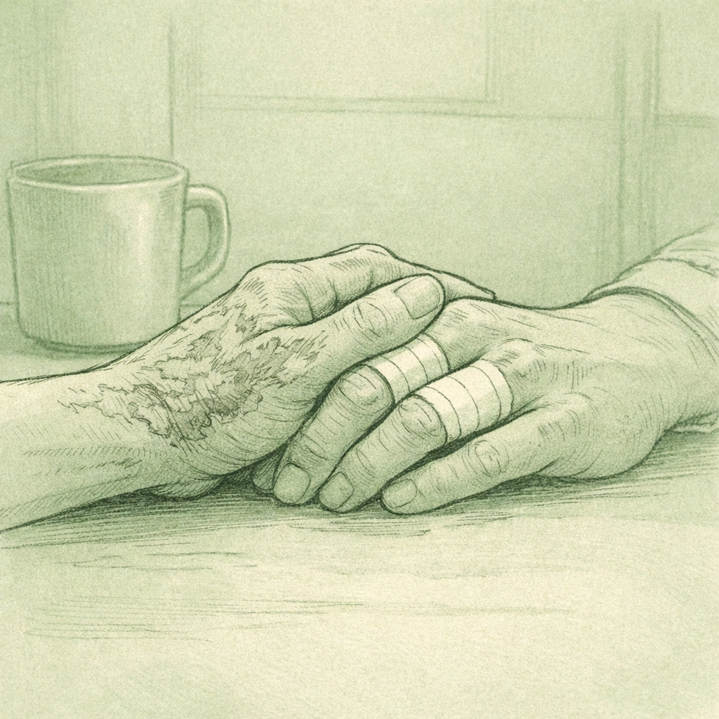 Intertwined hands of firefighter and paramedic - emotional MM connection