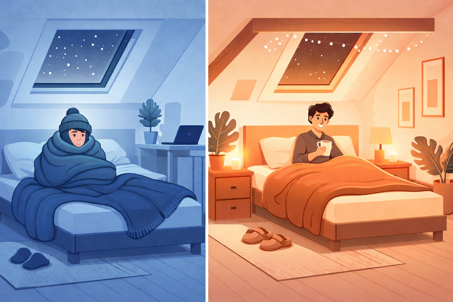 Side-by-side loft bedrooms comparing cold discomfort to warmth after installing multifoil insulation.