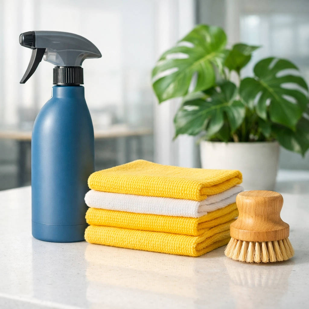 Eco-friendly cleaning supplies and non-toxic products used for high-quality office cleaning in Hudson.