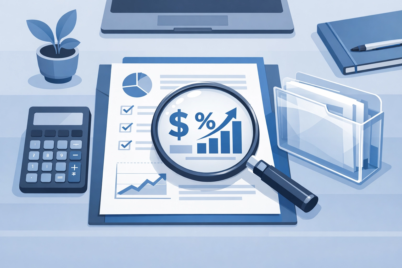 Flat design illustration of a magnifying glass over financial documents representing transparent tax preparation fees.