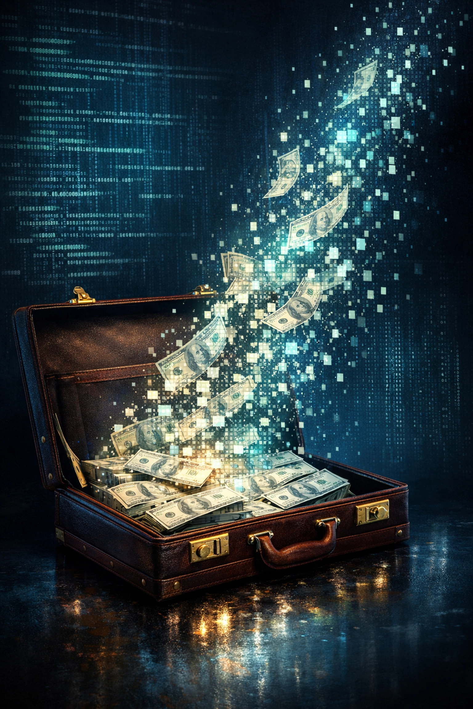 Money disintegrating from a briefcase into pixels, symbolizing law firm PPC budget waste.