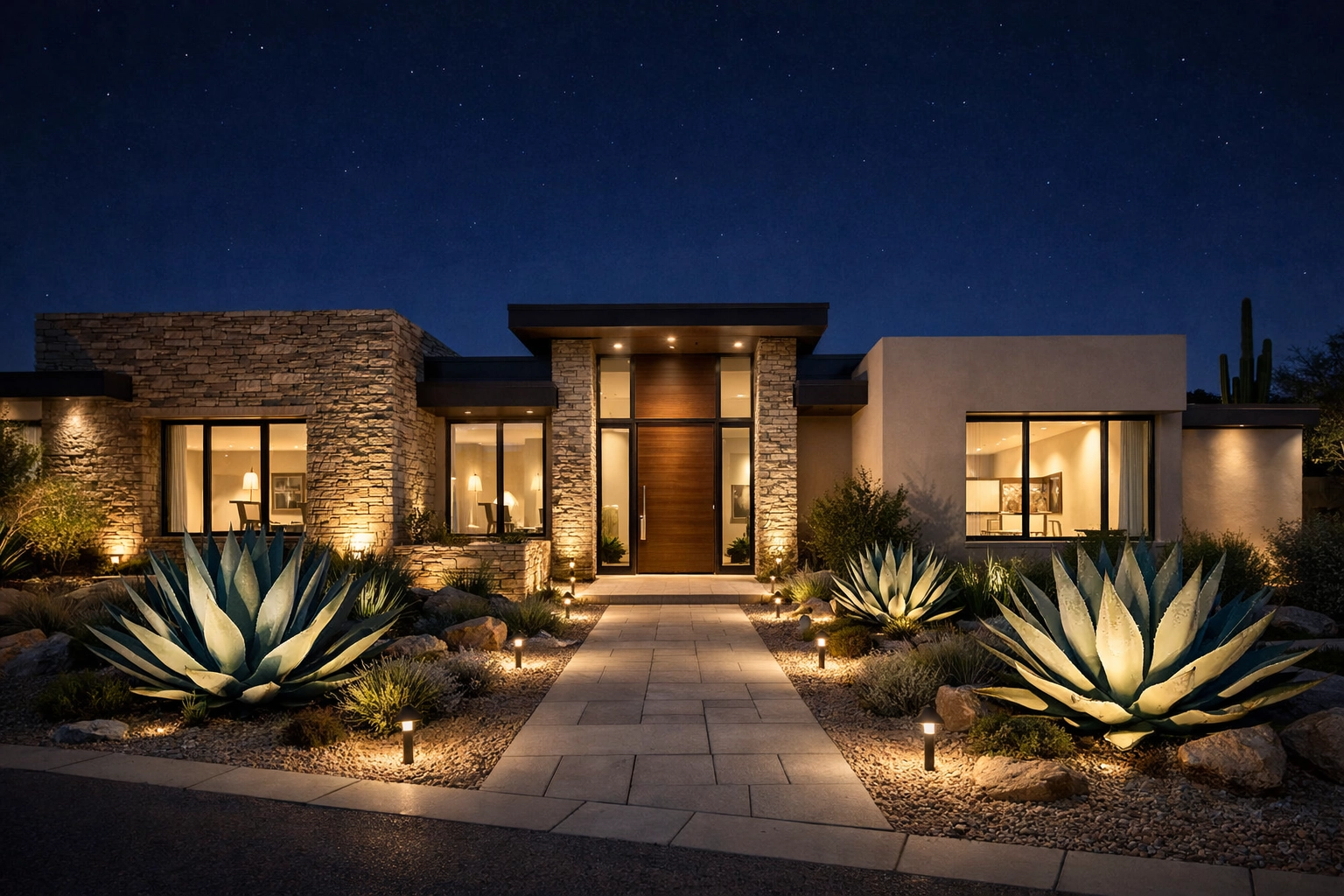 Professional exterior landscape lighting for home security at a modern desert sanctuary in Tempe.