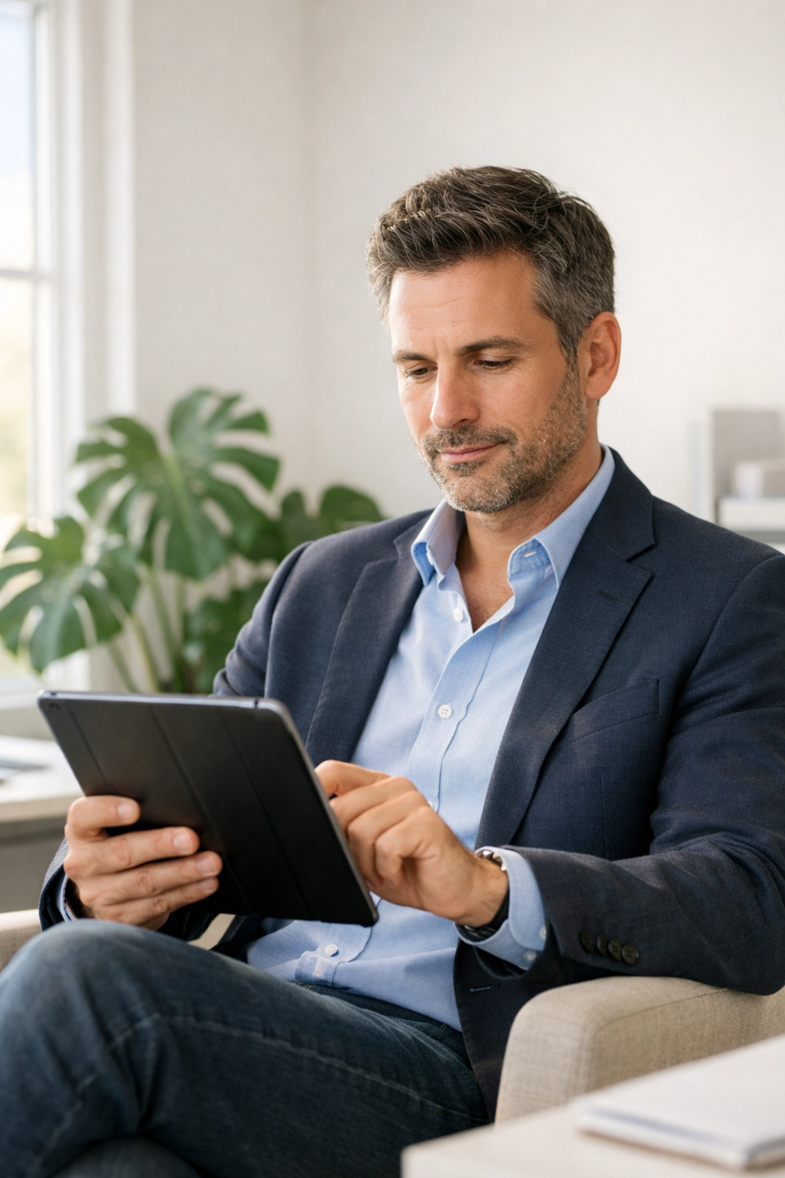 Startup founder using real-time financial data on a tablet to make informed business decisions.