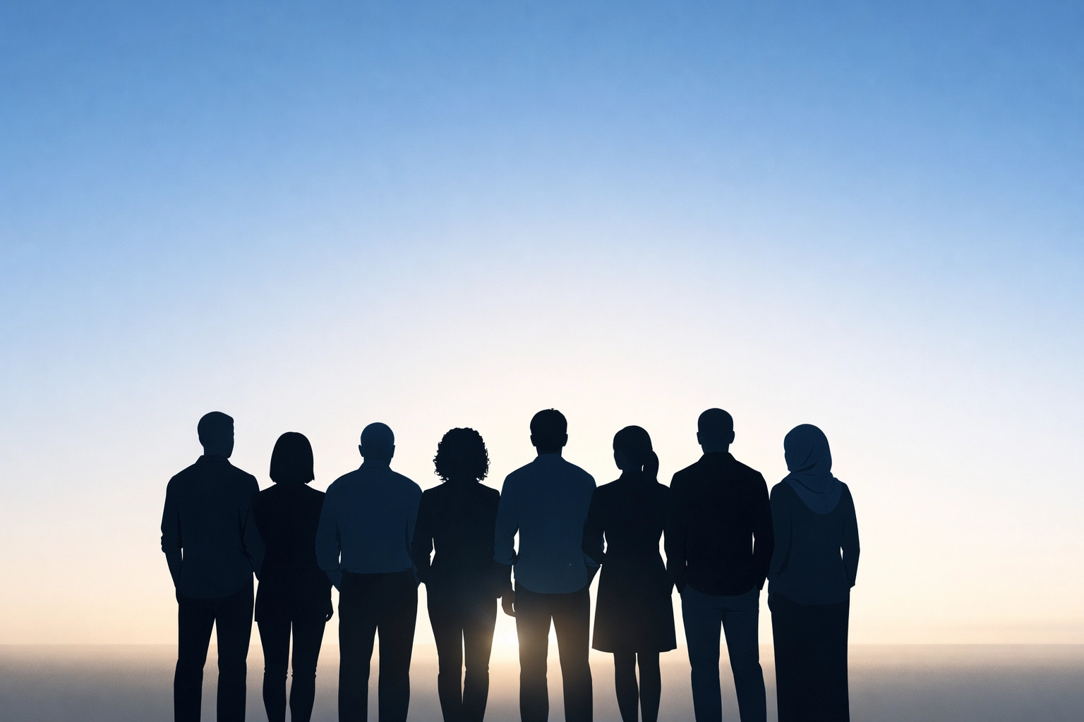 Silhouettes of people looking toward a bright horizon, representing the unity of local churches.