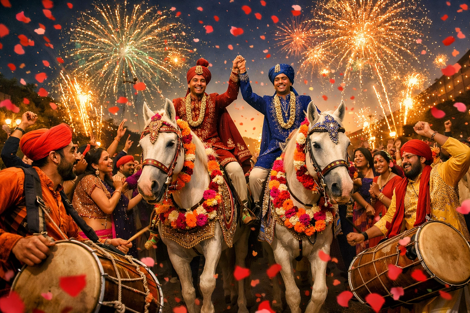 Gay Indian wedding baraat procession with two grooms on decorated horses surrounded by dancing guests