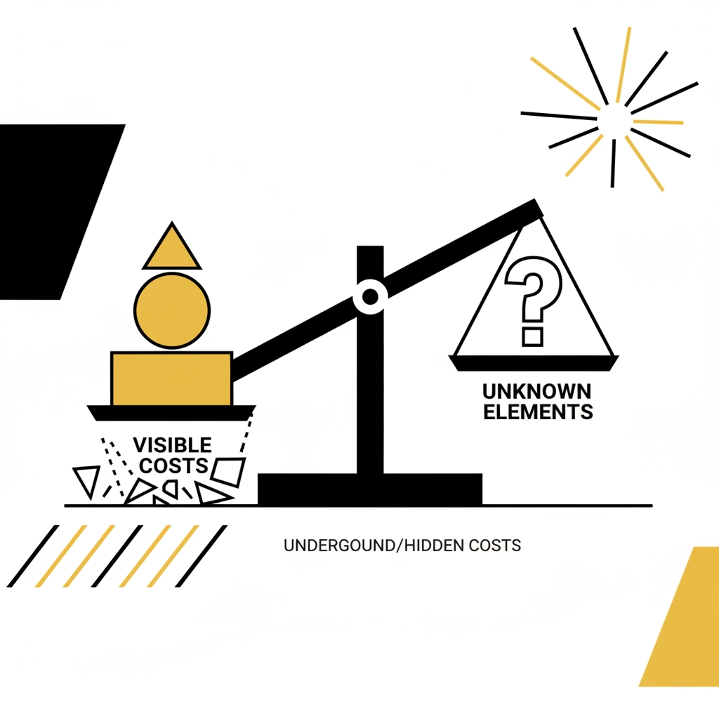 A seesaw balances visible costs with unknown elements. Geometric shapes and question mark illustrate hidden costs. Black, white, gold tones.
