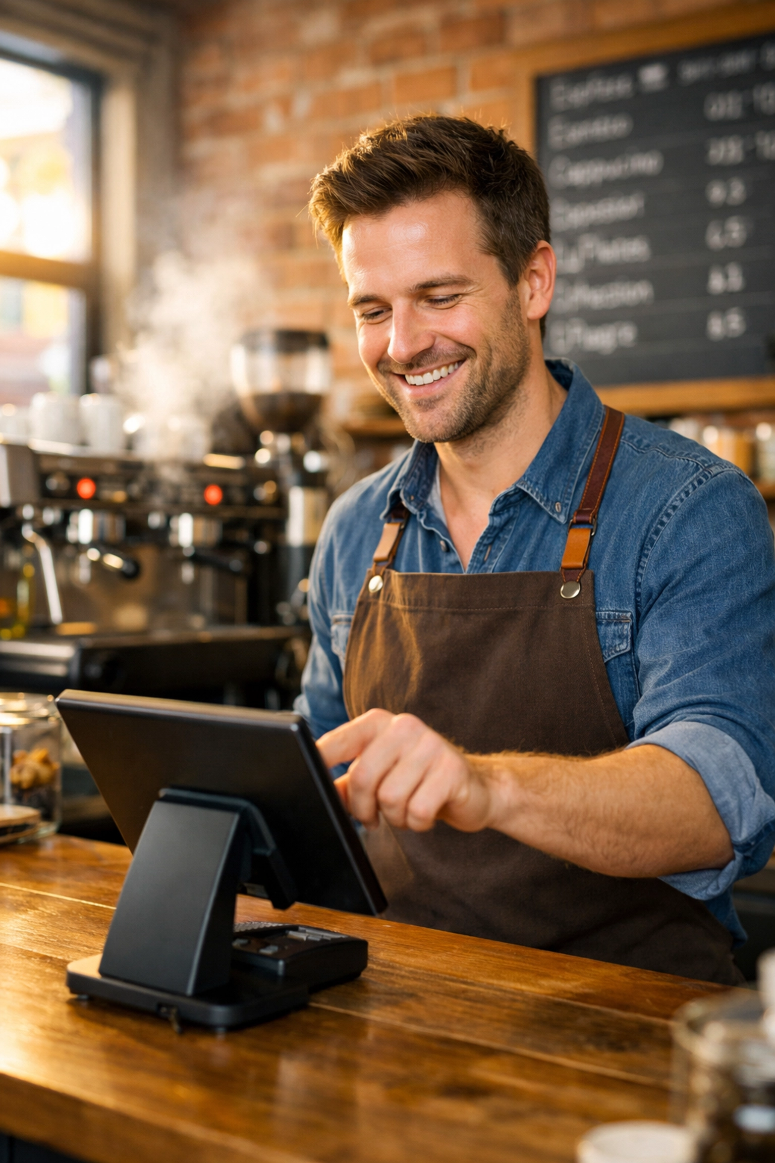 A professional barista uses a modern touch-screen epos system in a busy UK coffee shop.