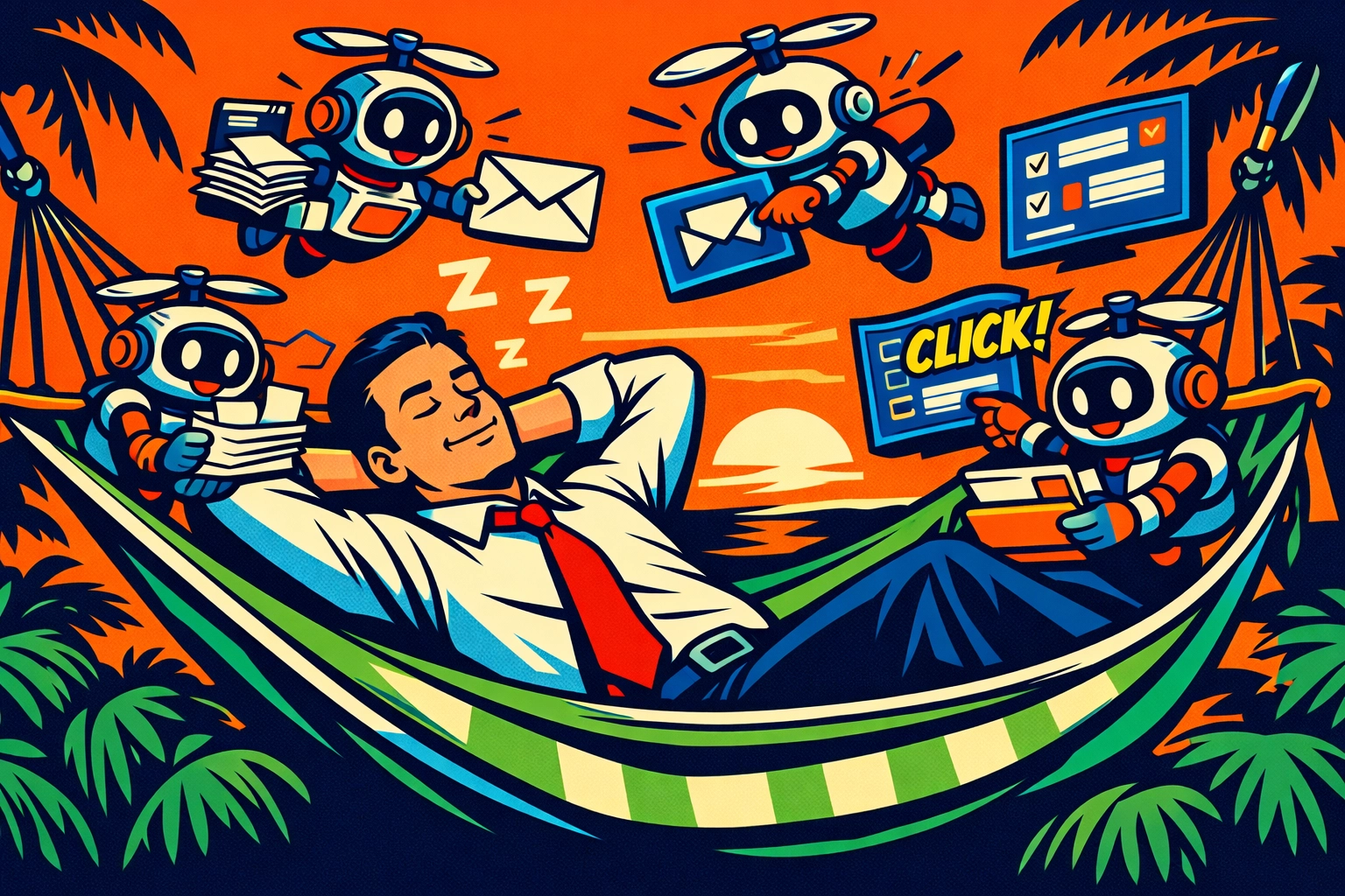 Business owner relaxing while AI automation handles administrative tasks and business operations.