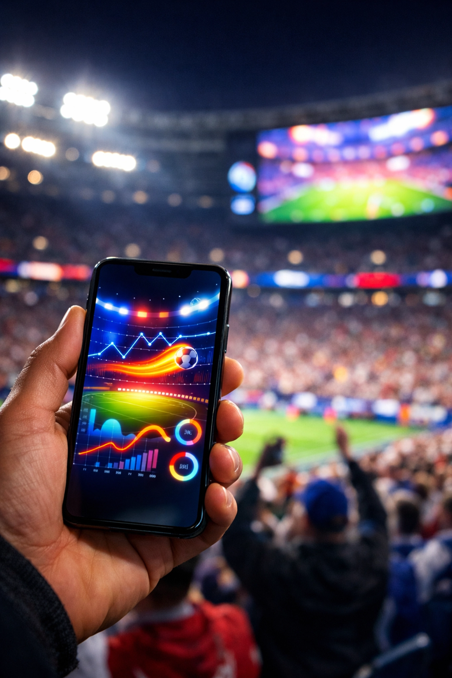 Mobile engagement at a night sports event showing personalized digital advertising in a modern stadium.