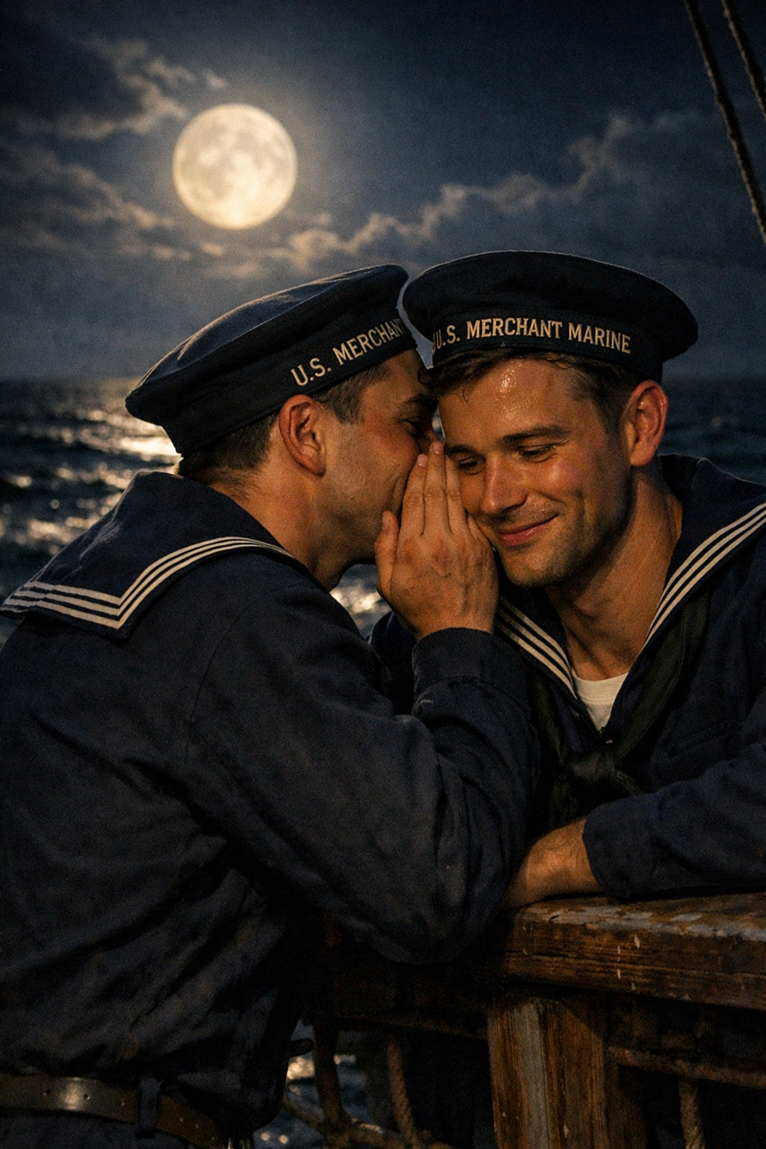 Two 1940s sailors sharing an intimate moment on a ship deck, illustrating gay history at sea.