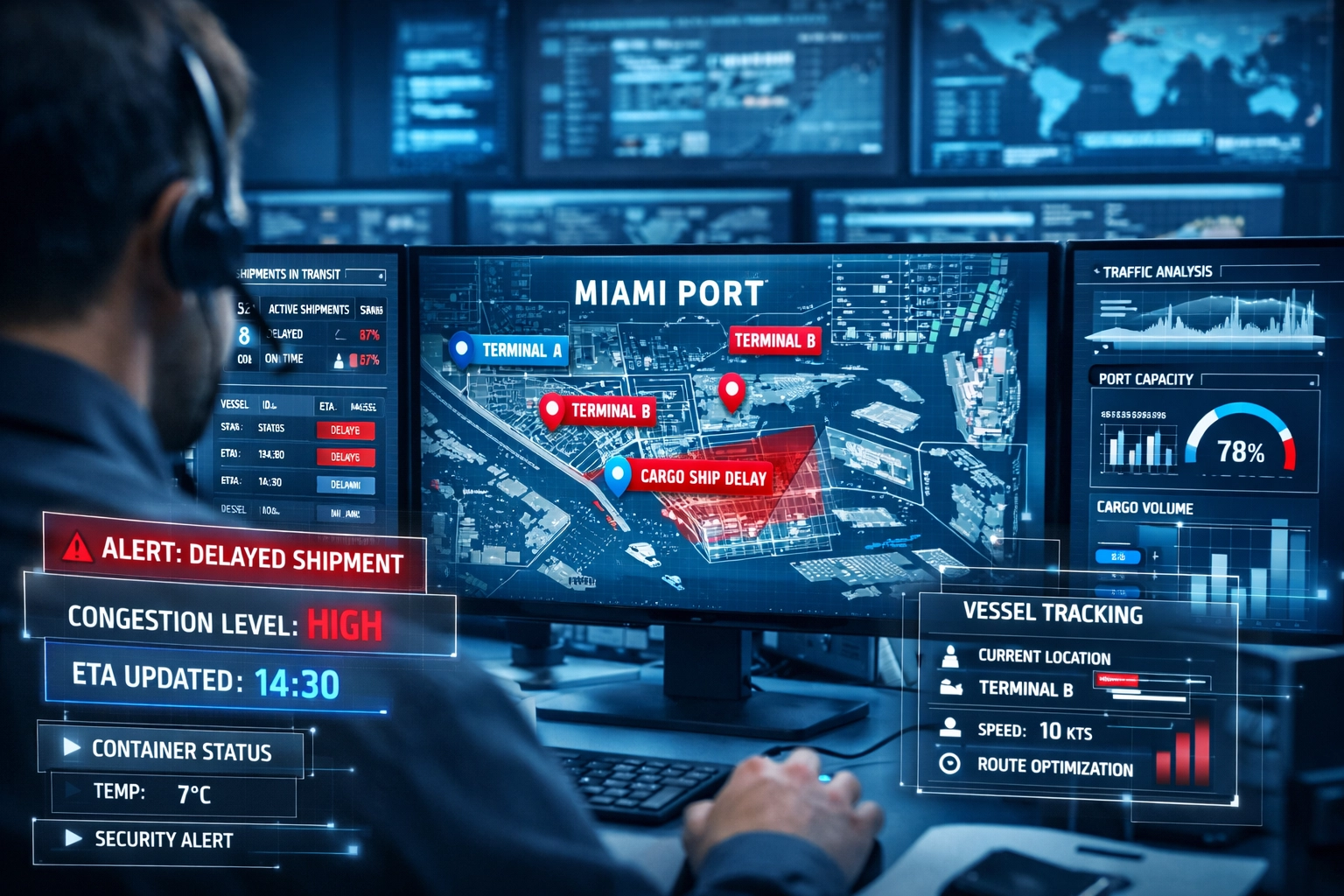 Logistics control center monitoring Miami cargo tracking and port operations in real-time