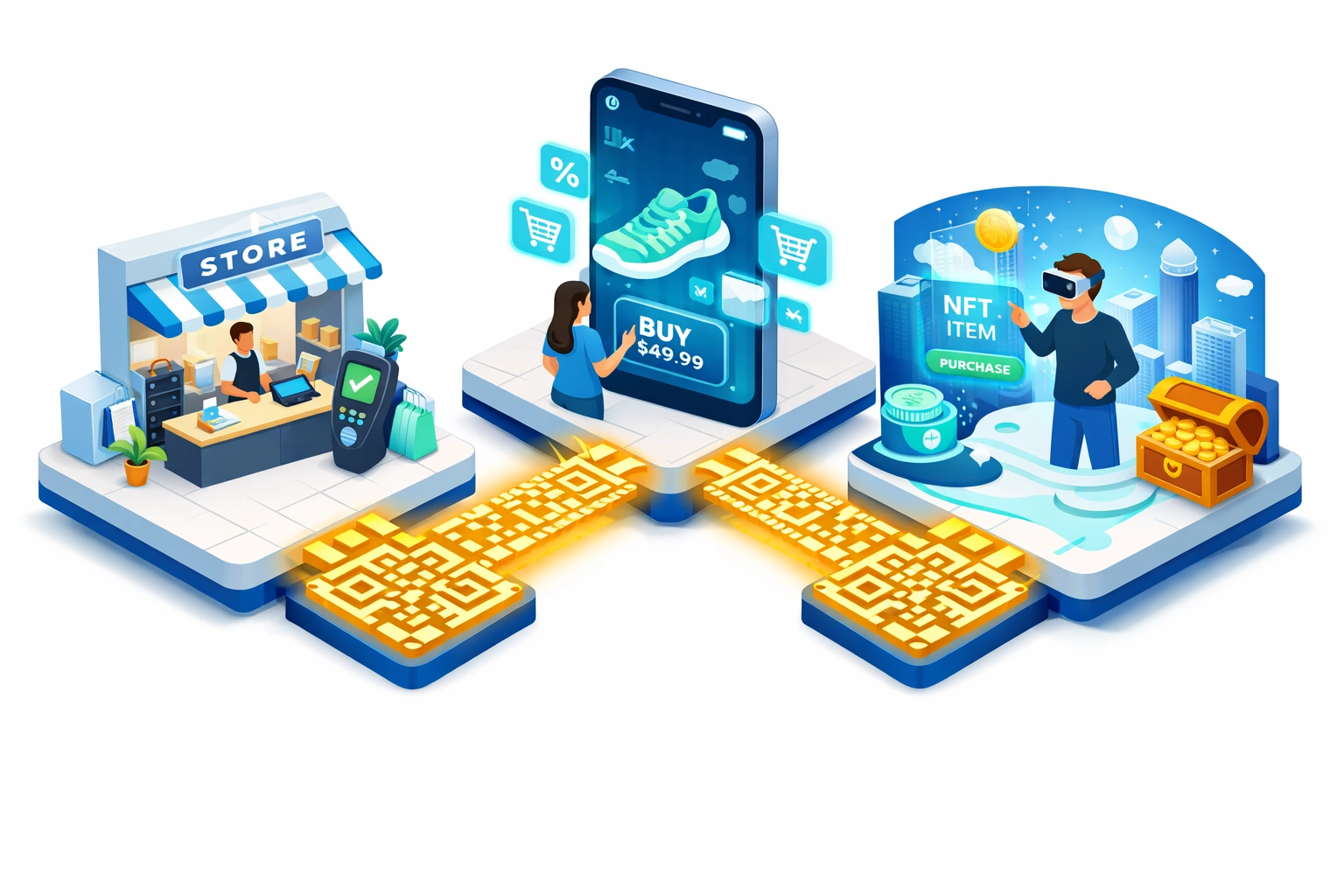 Unified QR code payment system connecting physical retail, AR mobile, and VR metaverse shopping