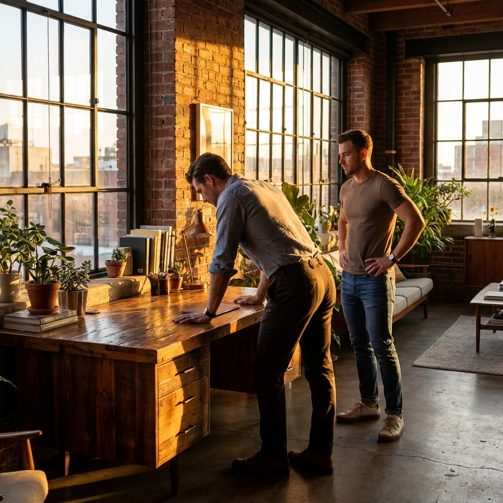 Men in a powerful tabletop position, showcasing the male physique in a sun-drenched loft setting.