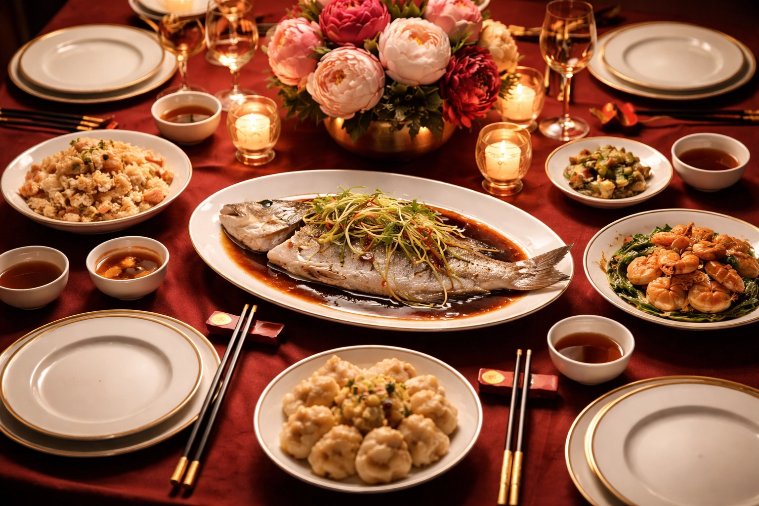 Exquisitely set Lunar New Year reunion dinner table with fish and gold-accented china for festive gatherings