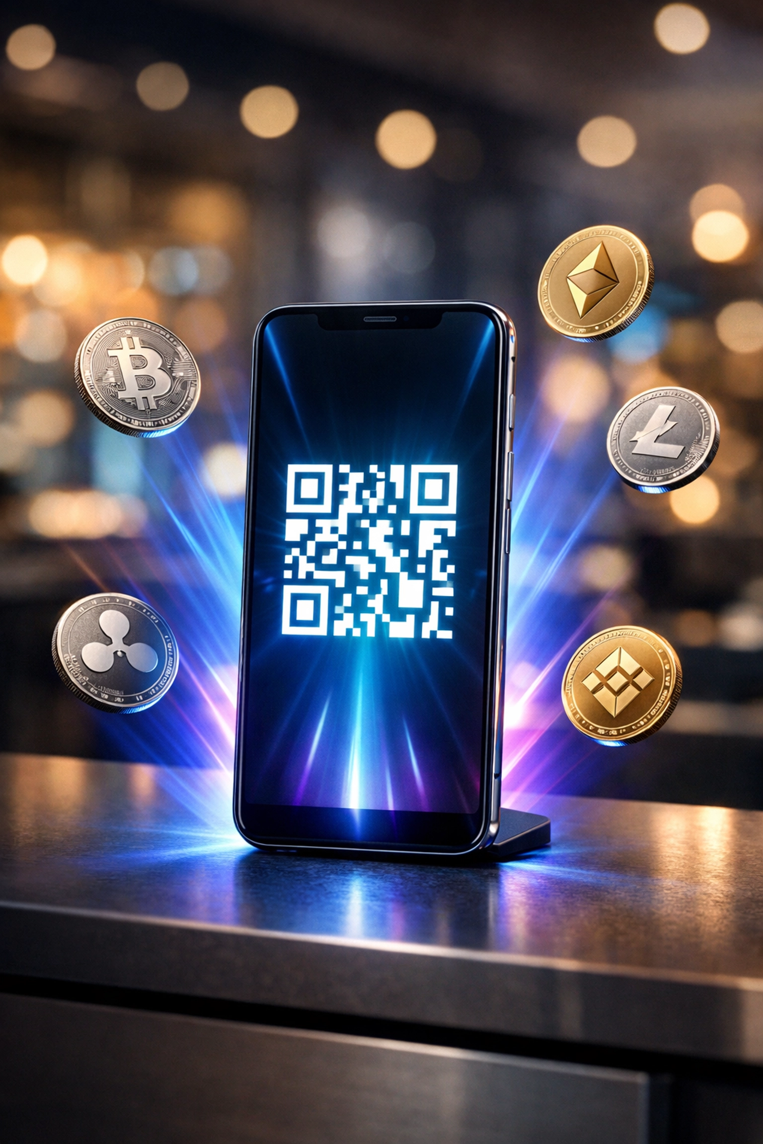 Smartphone displaying crypto payment QR code at retail point of sale for self-custody transactions