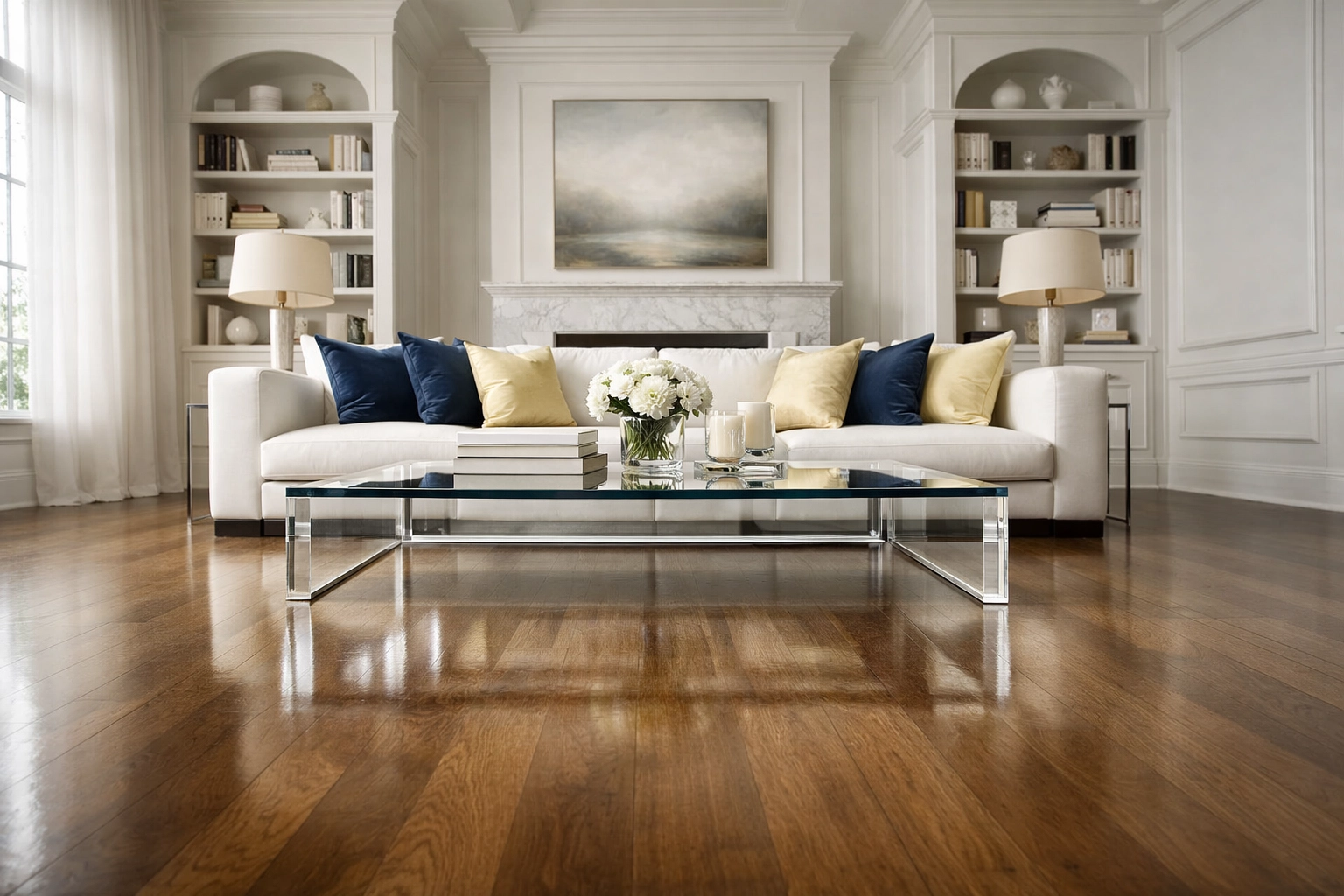 Spotless and organized luxury living room in Barnstable Village after professional home cleaning.