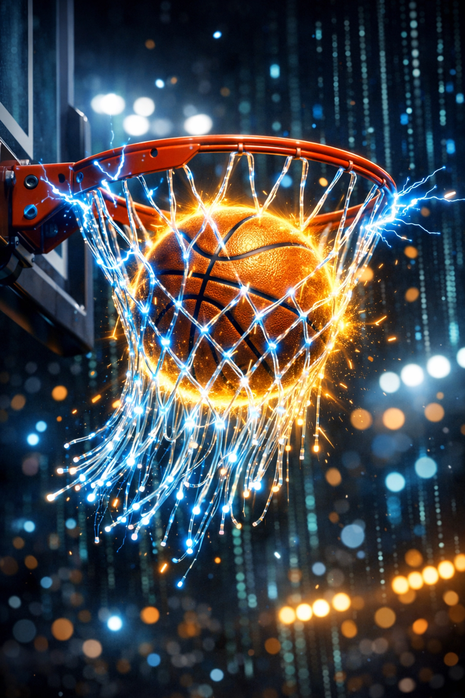 A basketball entering a data-themed net representing a precise NBA AI prediction and winning betting pick.