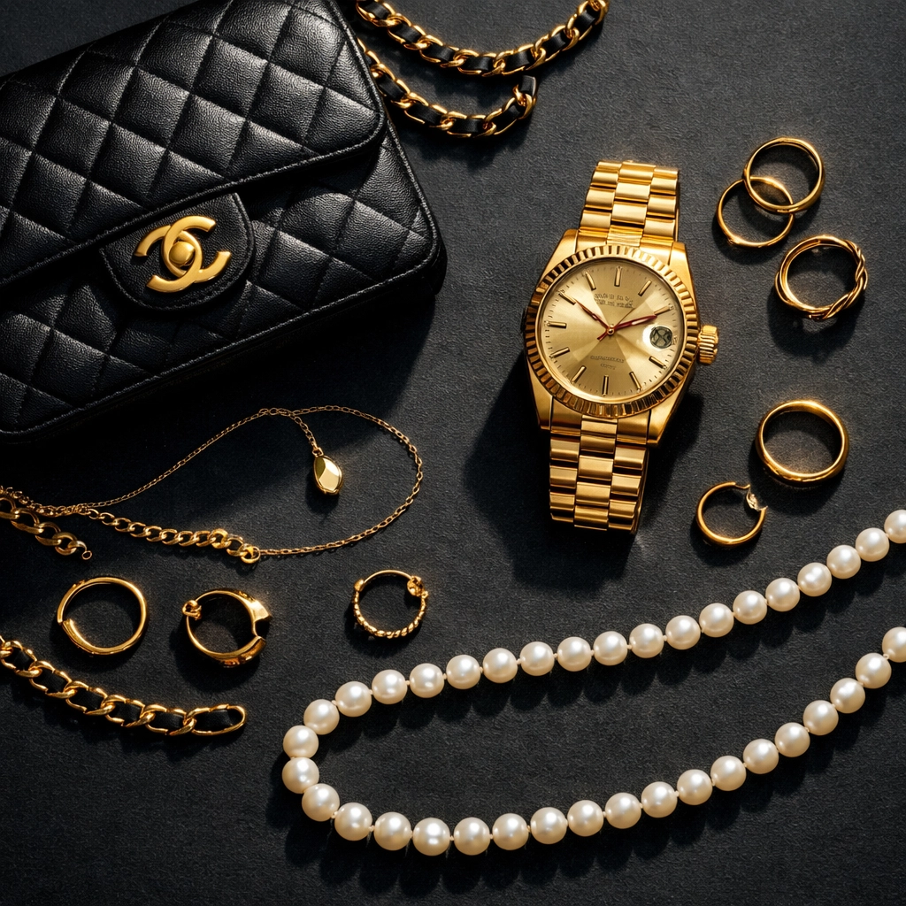Luxury designer handbag, gold Rolex watch, and fine jewelry arranged for estate auction