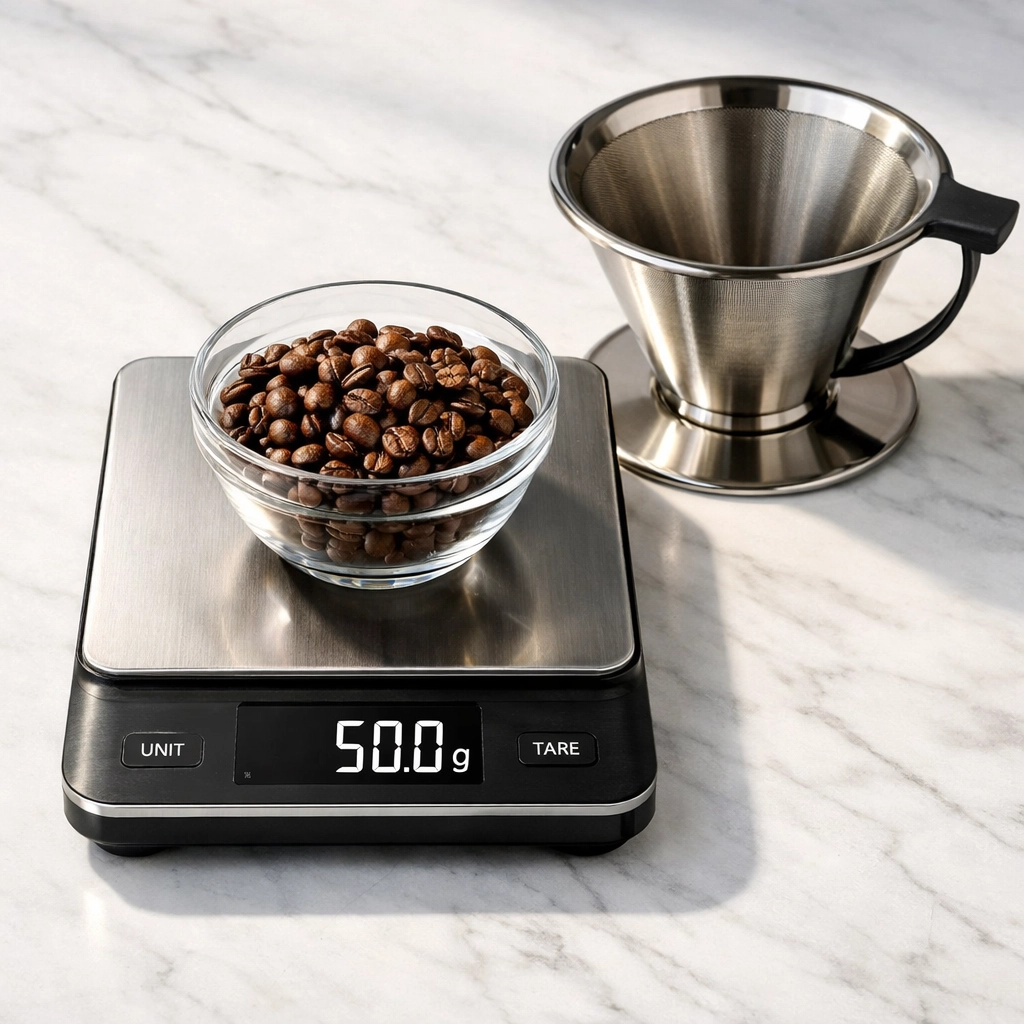 Weighing coffee beans on digital kitchen scale for precise home brewing