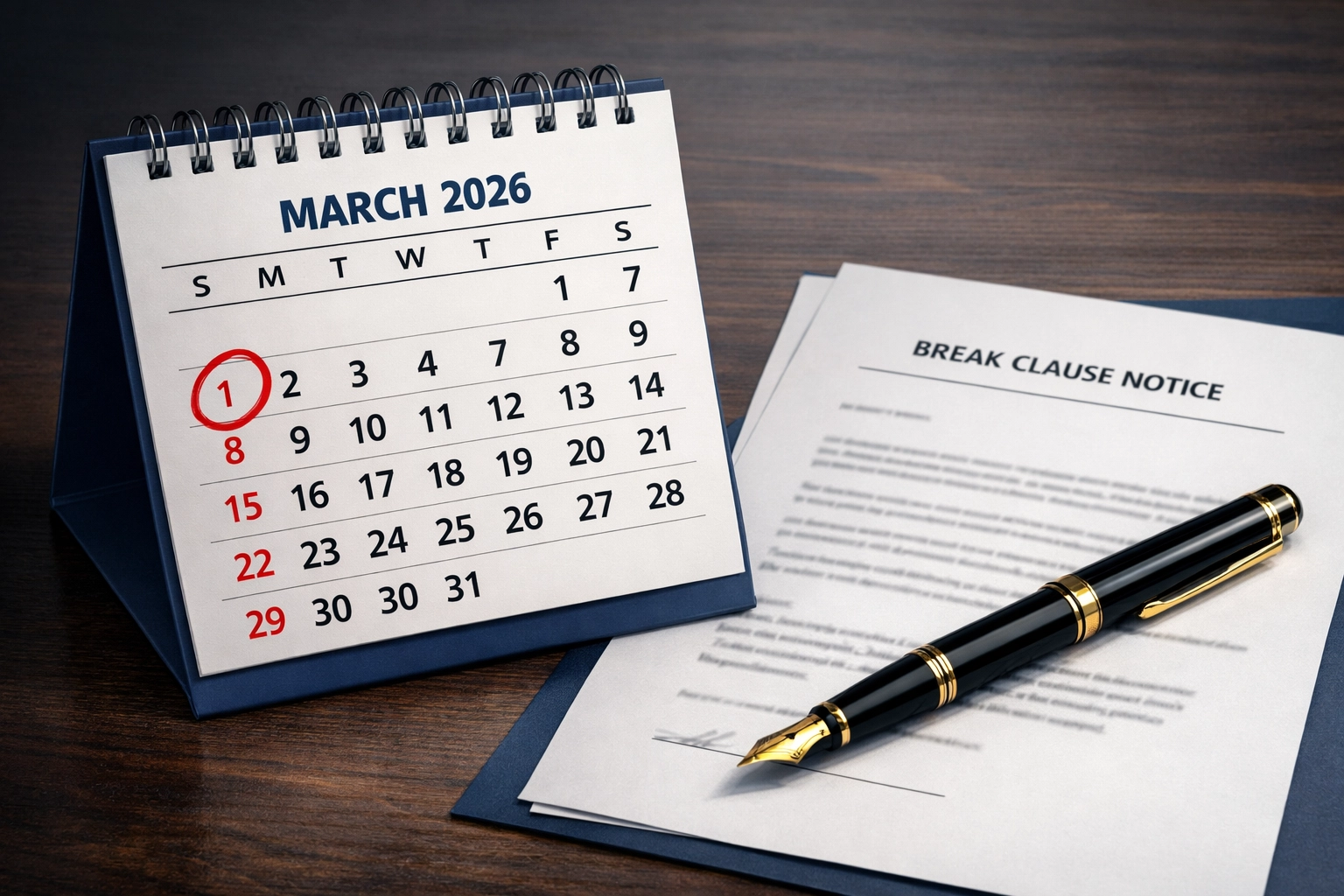 Calendar marked March 2026 with commercial lease break clause notice deadline