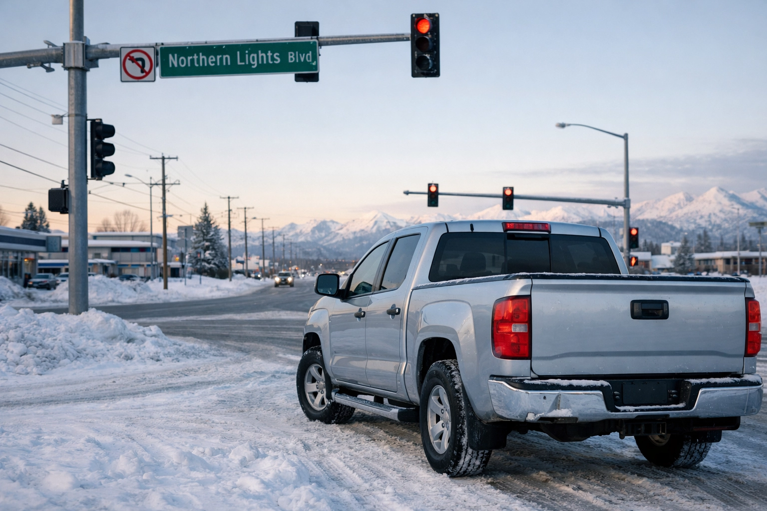 Damaged pickup truck at snowy Anchorage intersection after business delivery accident