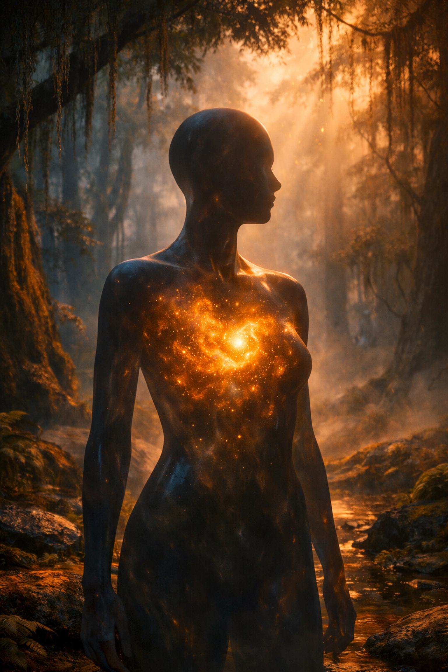 A silhouette in a forest with a glowing chest, symbolizing the healing of inner Chiron core wounds.