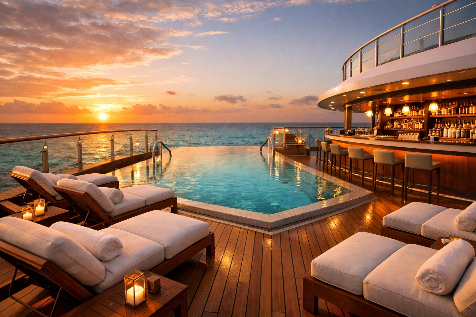 Luxury cruise ship deck with pool and bar on Desire lifestyle cruise at sunset