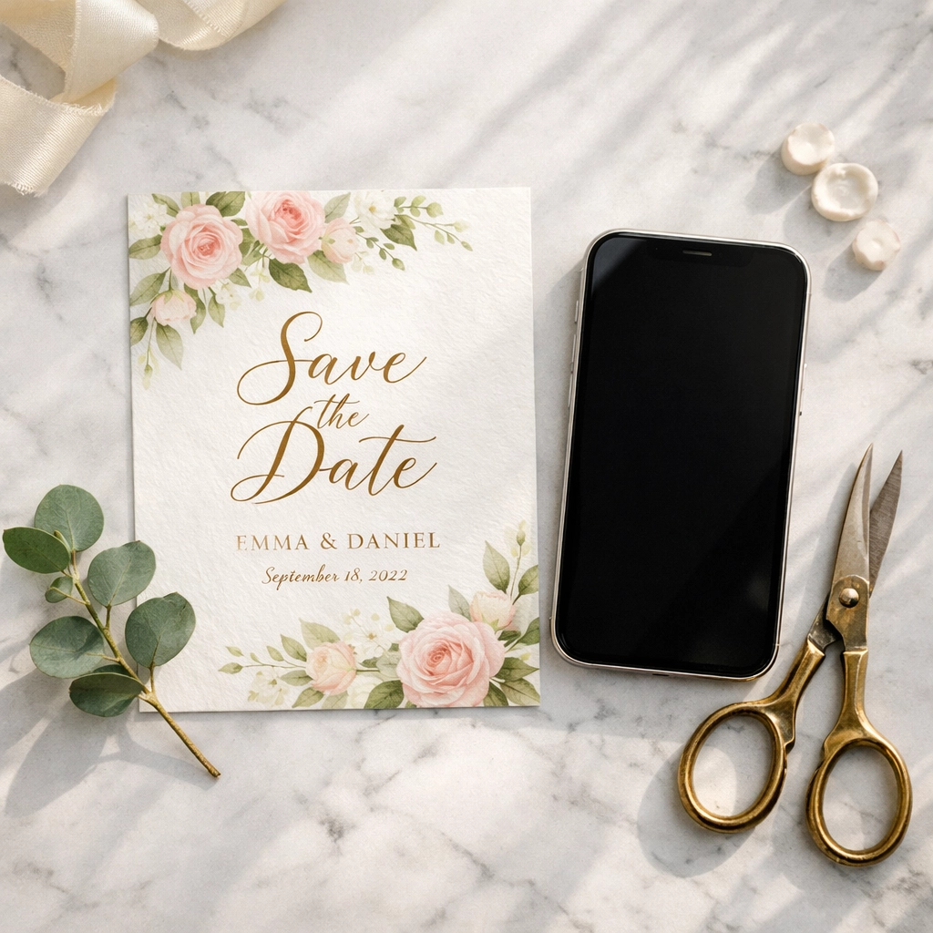 Elegant wedding stationery and smartphone showing digital invite and RSVP options.