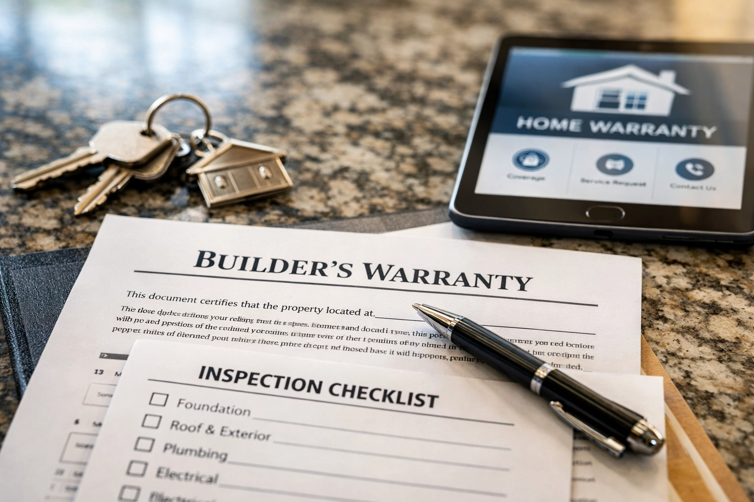 New home keys and builder warranty documents for Houston new construction home