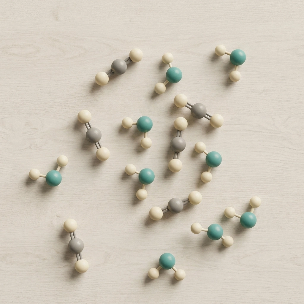 Molecular structure models of water and carbon dioxide showing discrete covalent molecules on a natural surface