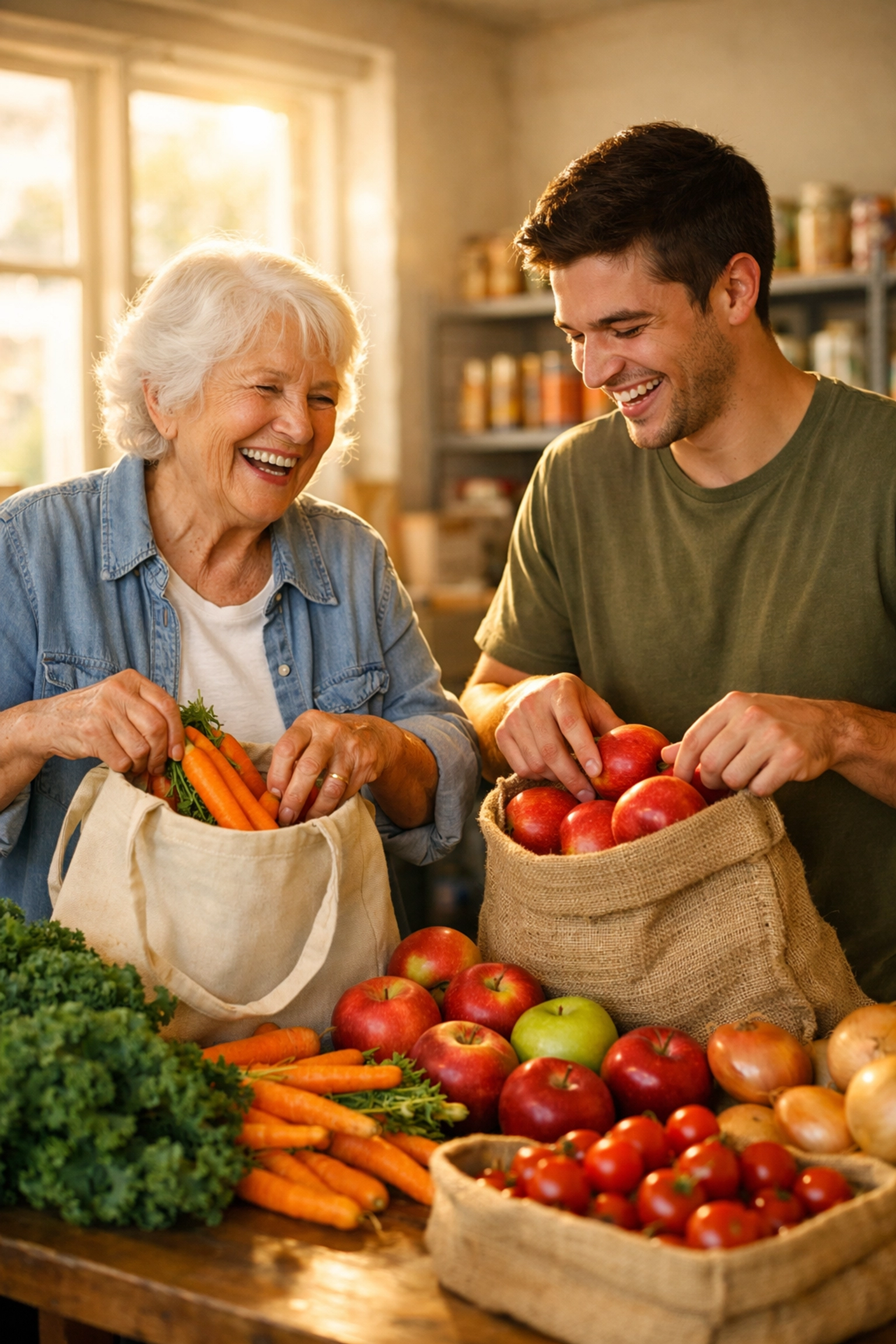 Volunteers and residents packing healthy food at a food pantry in Dorchester MA.