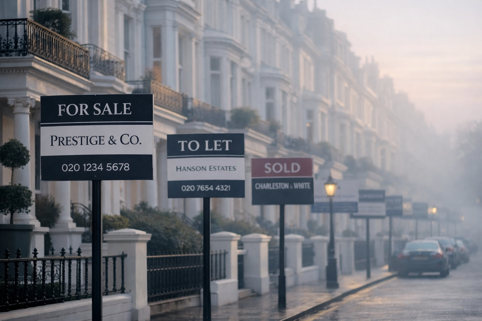 High-end West London residential street with multiple property for sale signs during the March 2026 market supply peak.