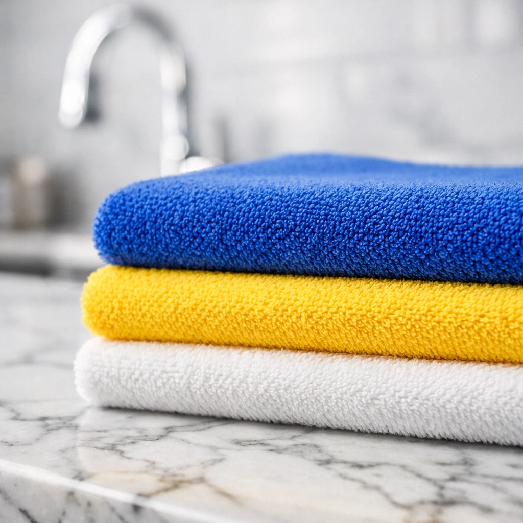 Color-coded microfiber cleaning cloths on a marble counter for professional move-in cleaning in Boston MA.