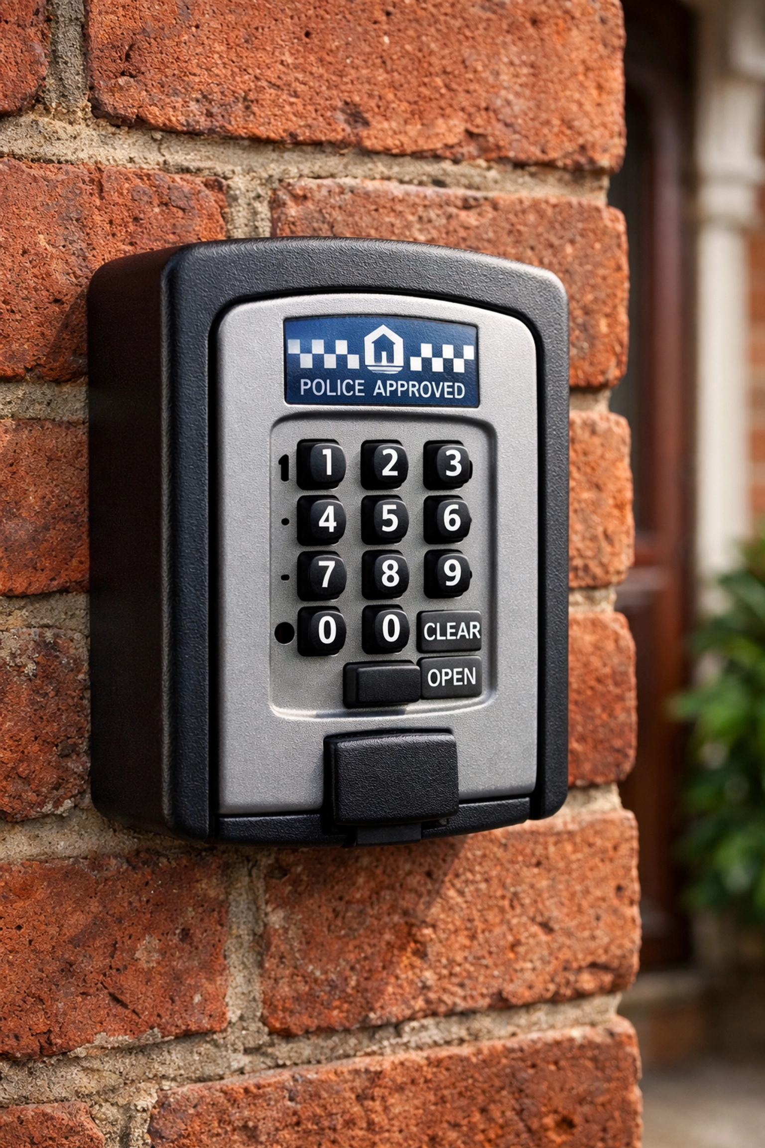 A police-approved metal key safe professionally installed on a red brick wall of a Torquay home.