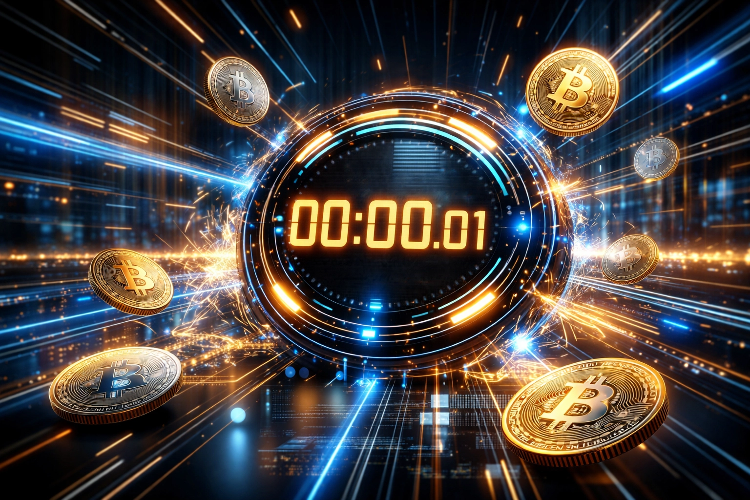 Illustration showing lightning-fast crypto transaction settlement, highlighting instant payments for small businesses.