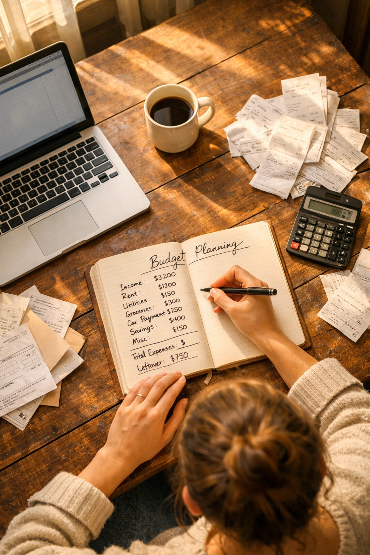 Woman creating budget at kitchen table with laptop, bills, and notebook for financial planning 15 Ways to Save Now: The Solo Woman’s Guide to Financial Resilience