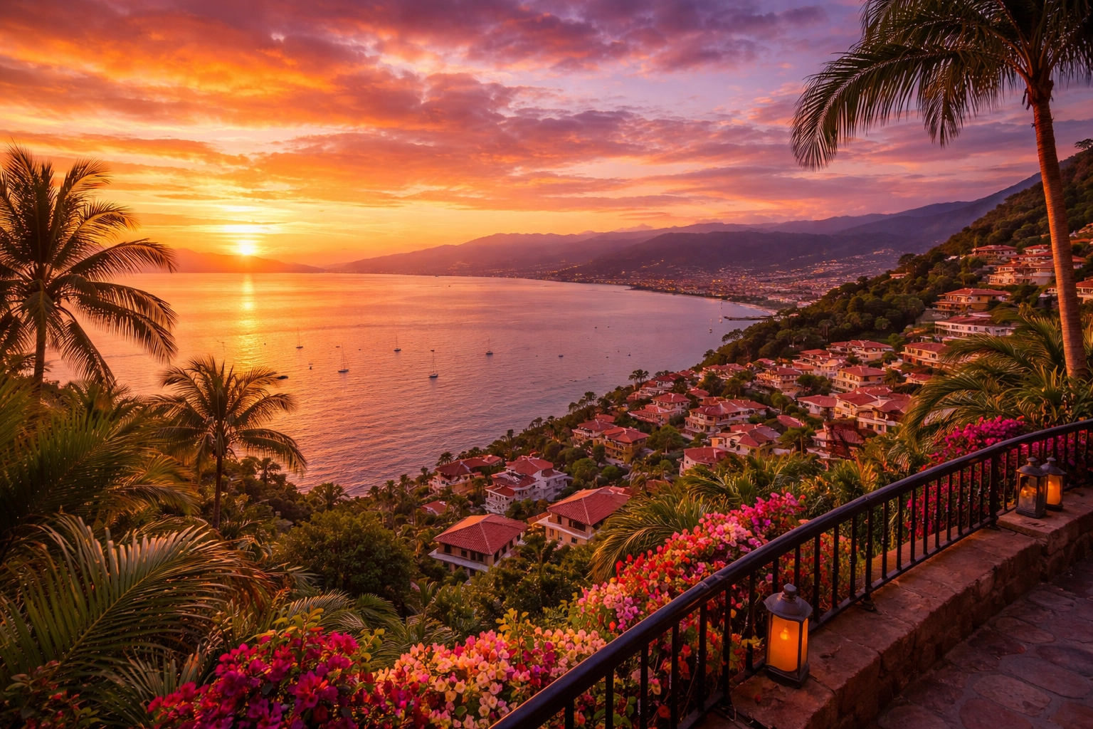 Panoramic sunset view over Banderas Bay from Amapas hillside in Puerto Vallarta with tropical plants