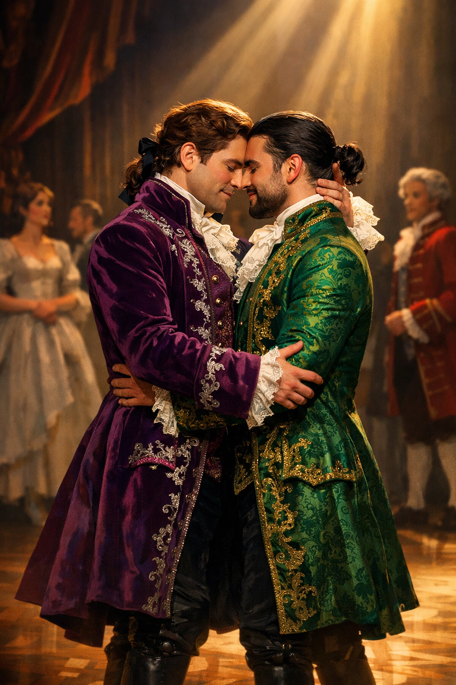 Two male opera performers in period costumes depicting LGBTQ+ representation in operatic performance