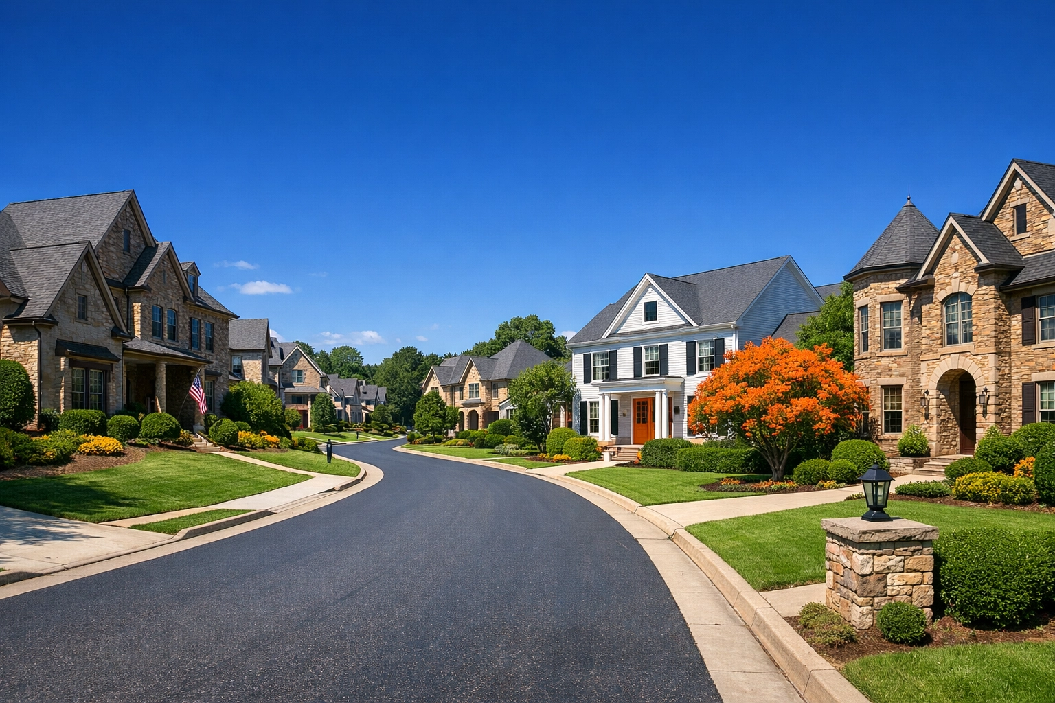 Charming Mulberry neighborhood street in bright midday sun representing a new chapter for families.