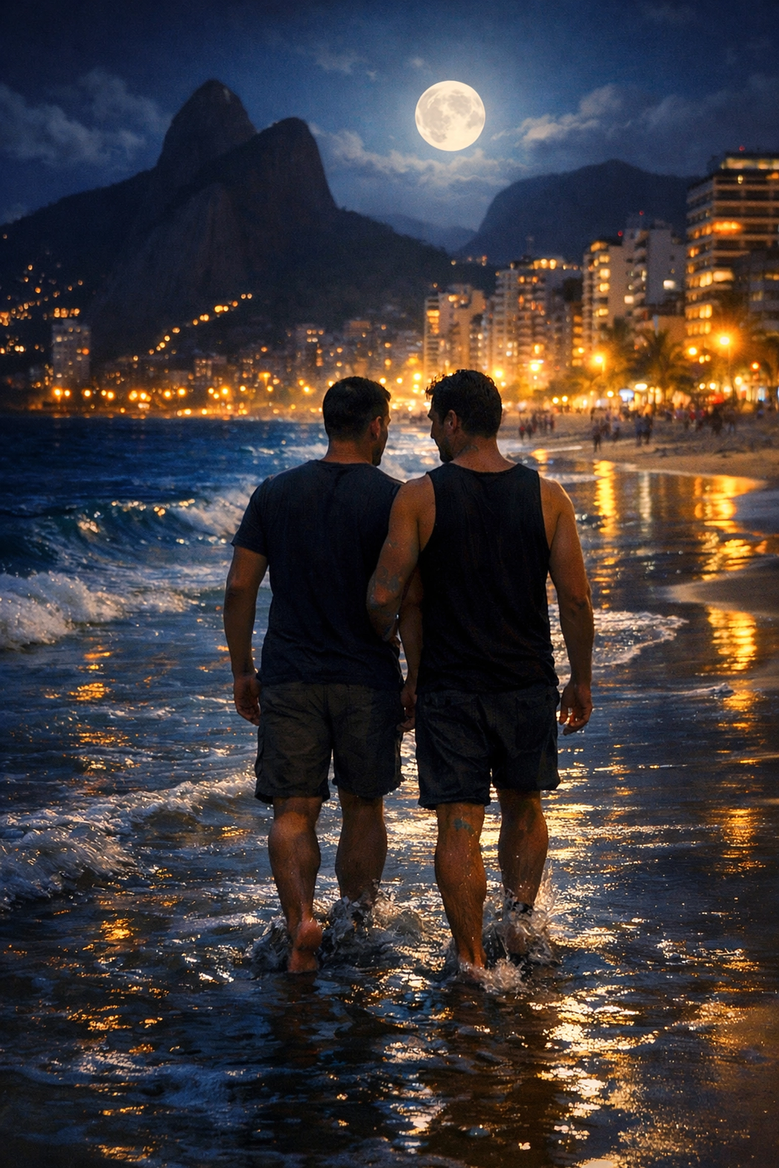 Gay couple walking along Ipanema Beach shoreline at night with Rio city lights in background