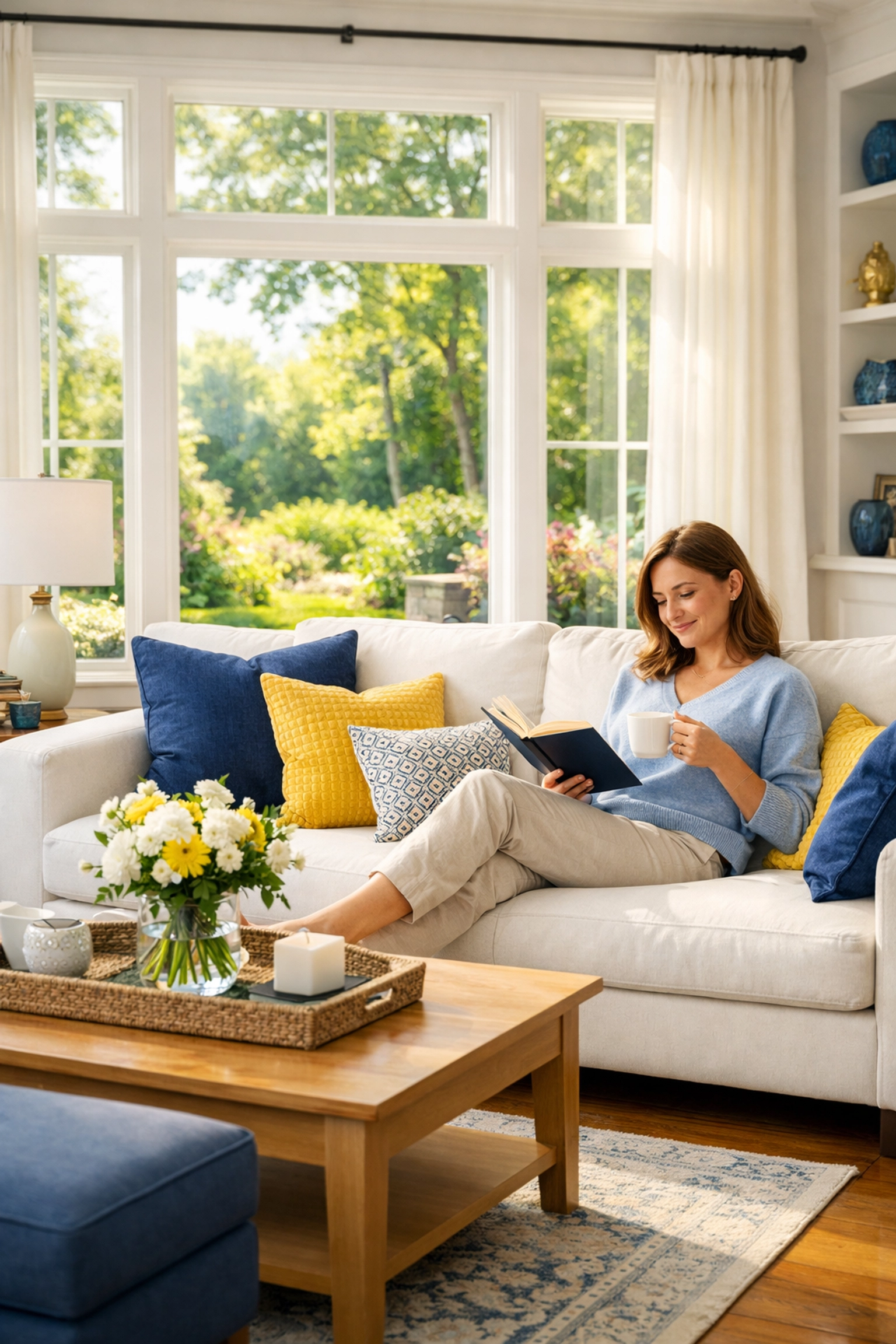 A woman relaxes in a spotless living room after a weekly house cleaning Westford service.