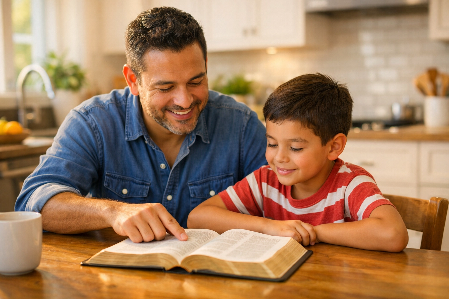 Black husband and wife praying together in a bright living room, finding strength in Christ for today.